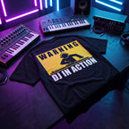 Black oversized DJ t-shirt with Warning DJ In Action graphic laid flat under neon purple and blue studio lighting