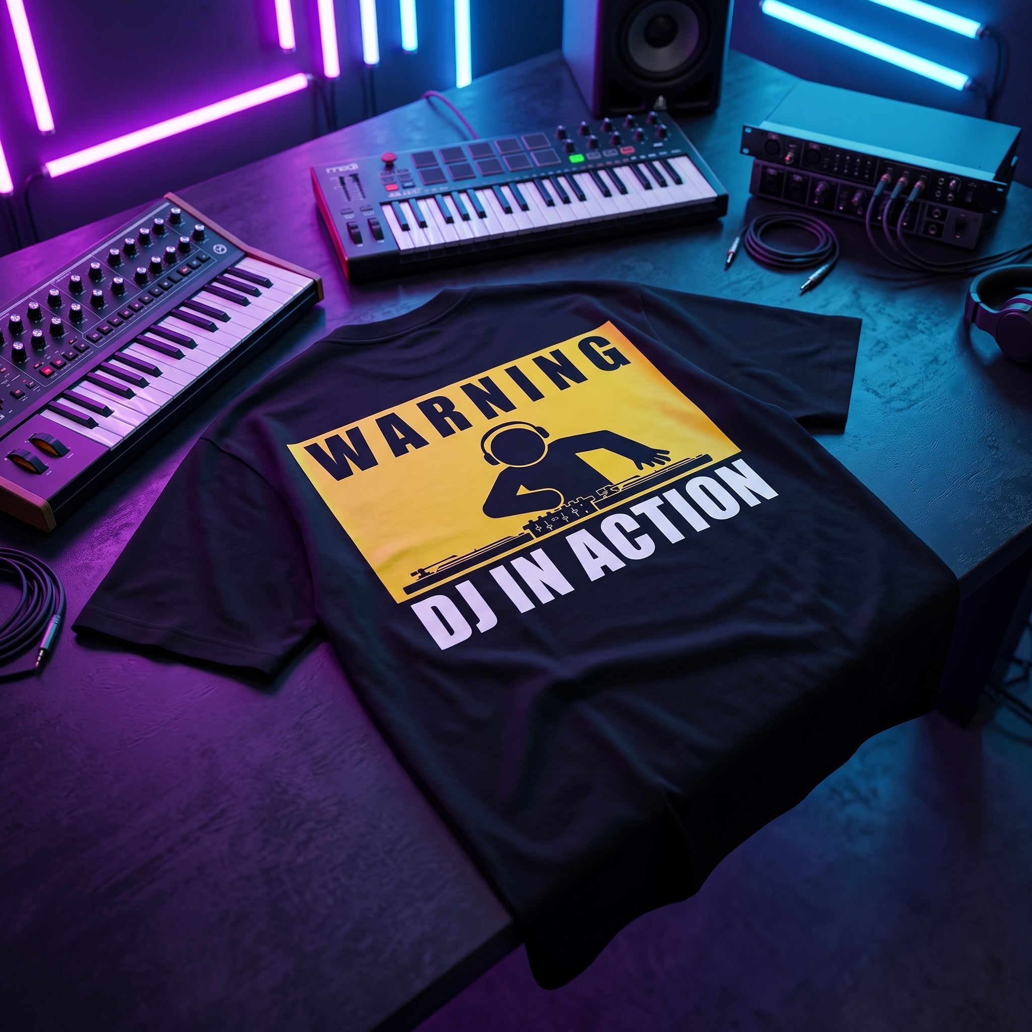 Black oversized DJ t-shirt with Warning DJ In Action graphic laid flat under neon purple and blue studio lighting