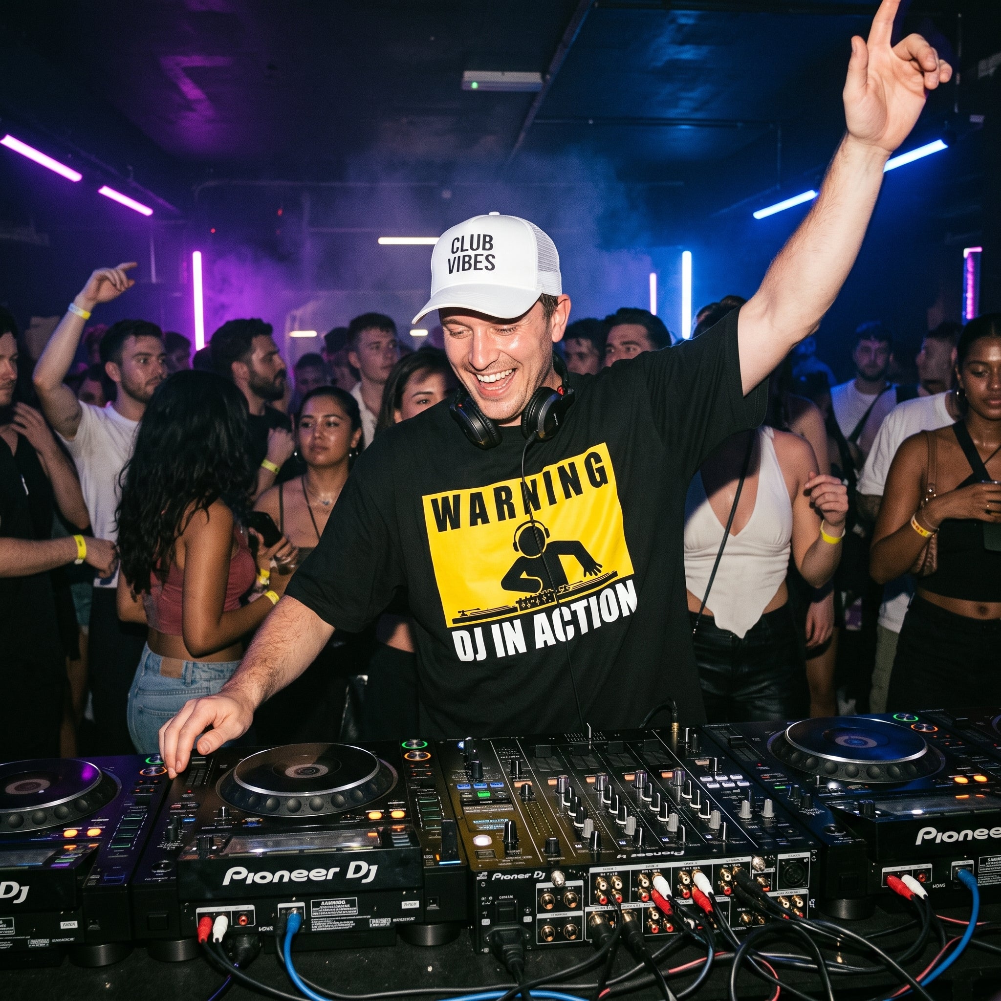 DJ wearing Warning DJ In Action oversized t-shirt performing on Pioneer decks in front of cheering club crowd
