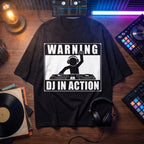 Warning DJ In Action Black Oversized T-Shirt flat lay on DJ studio table with vinyl records