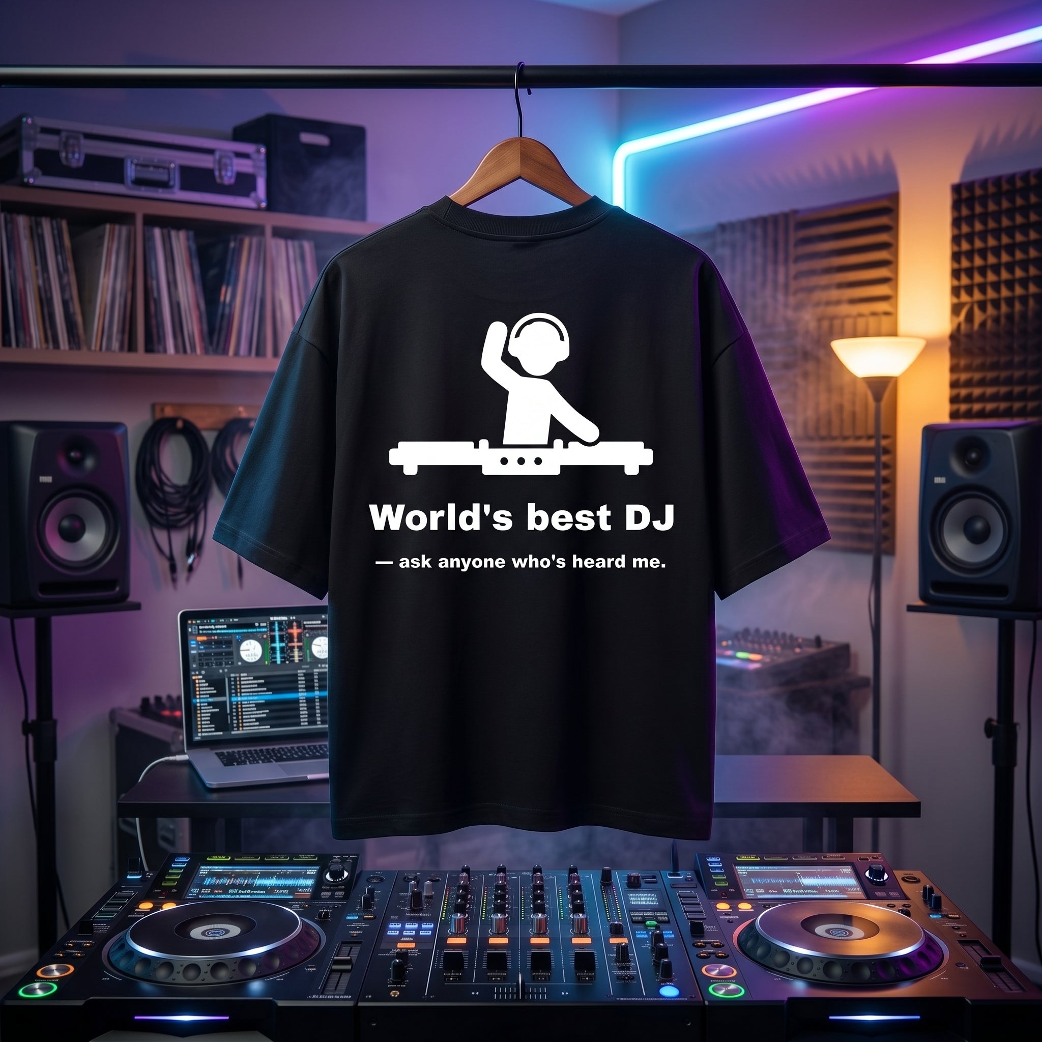 Black oversized DJ t-shirt with "World's Best DJ" quote print, worn on a hanger in a DJ studio setup.