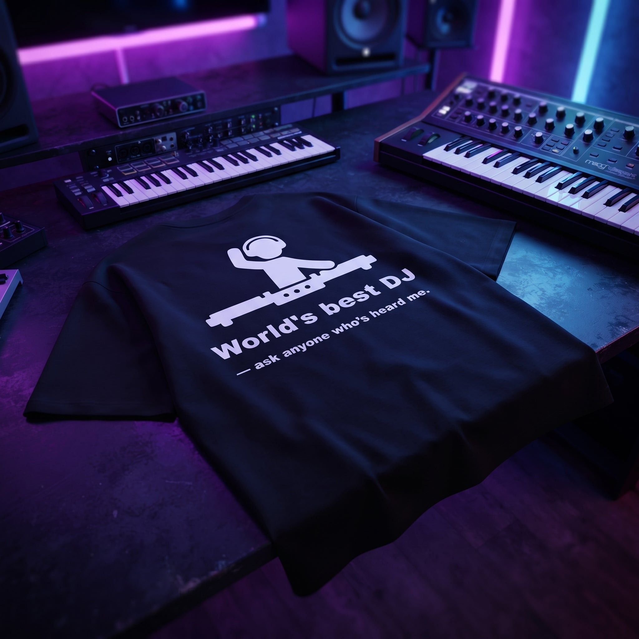 Black oversized DJ t-shirt with World's Best DJ quote laid flat under neon purple studio lighting