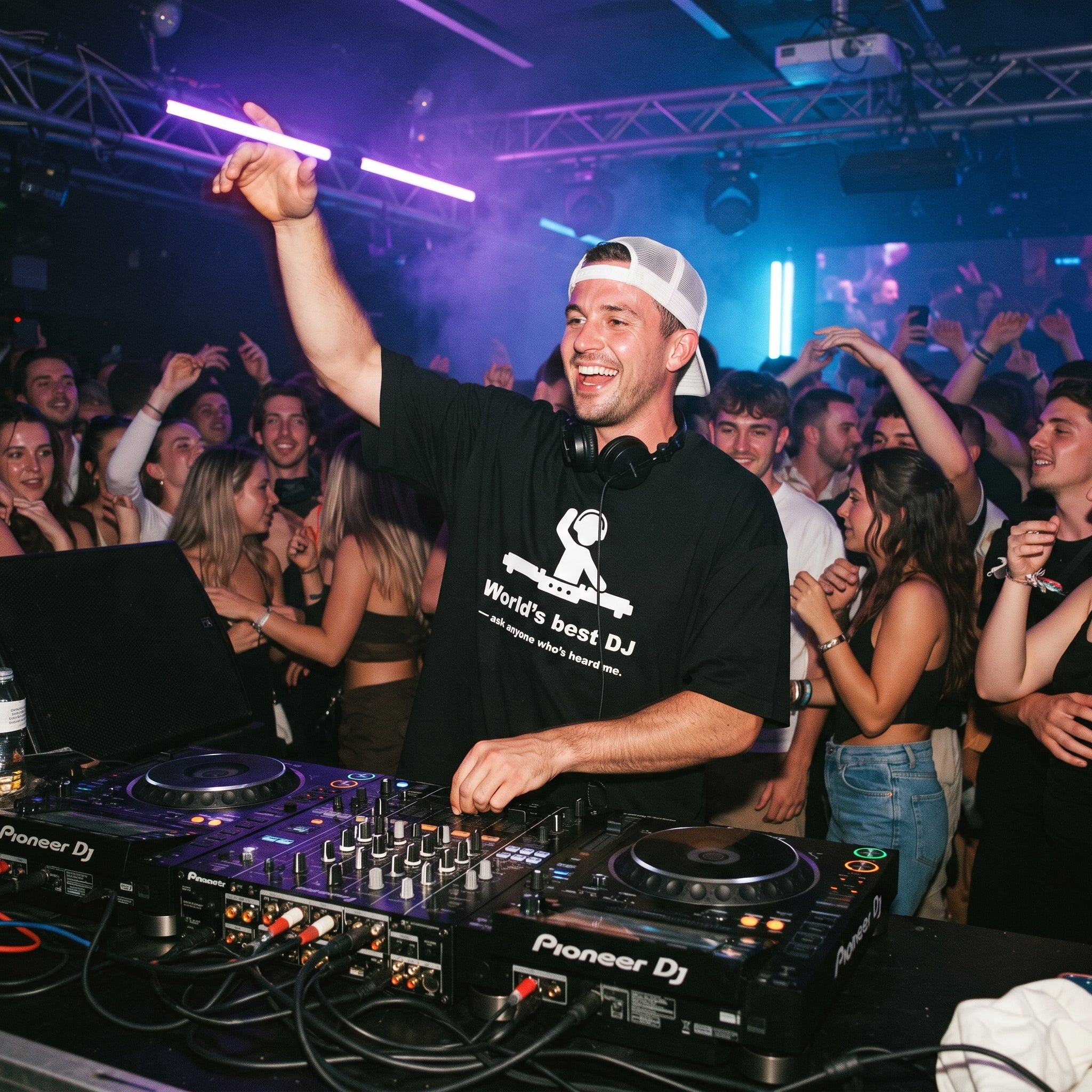 DJ wearing World's Best DJ quote oversized t-shirt performing on Pioneer decks in front of cheering club crowd