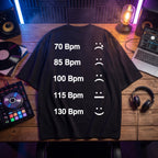 DJ BPM Chart Oversized T-Shirt flat lay on DJ studio table