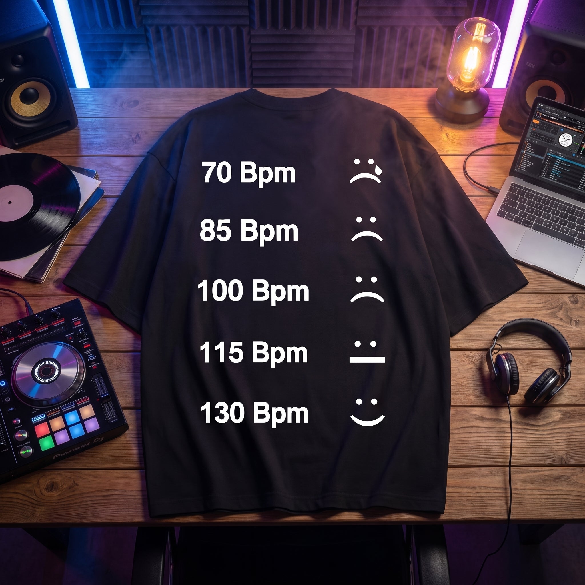 DJ BPM Chart Oversized T-Shirt flat lay on DJ studio table