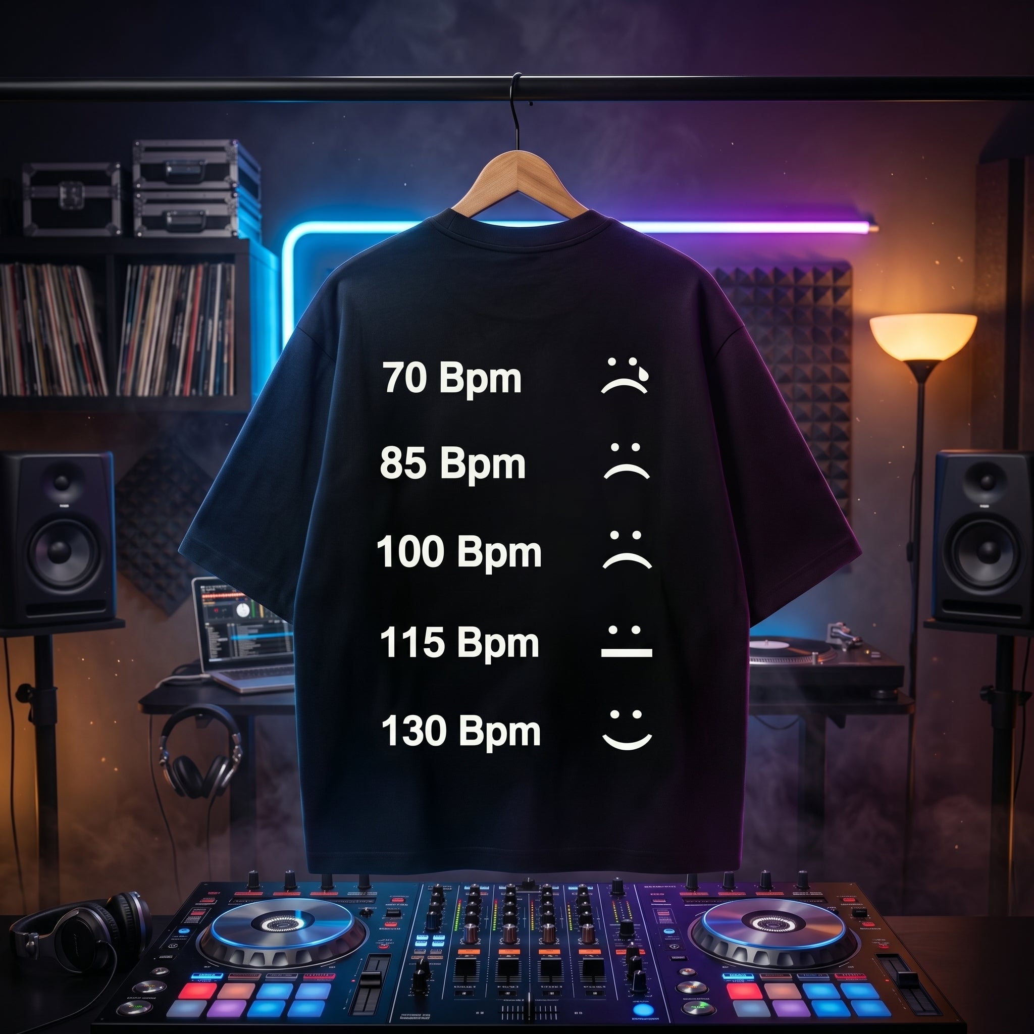 Minimalist BPM chart graphic printed on an oversized black DJ t-shirt.