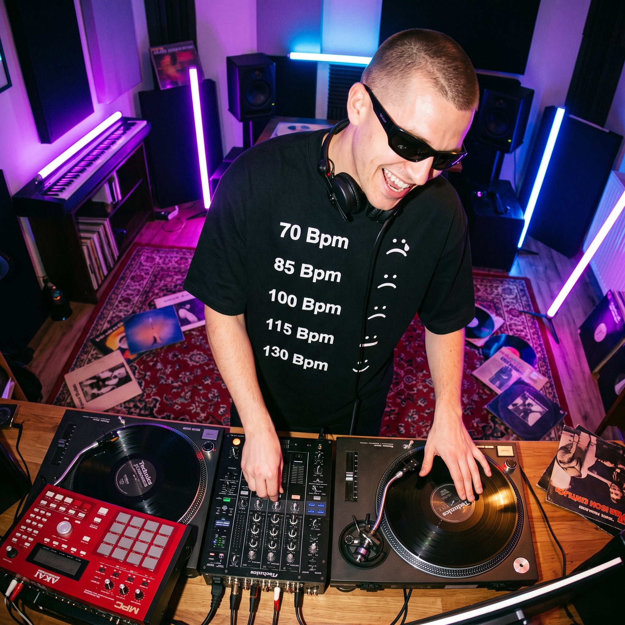 Male DJ in BPM Chart Oversized T-Shirt during live studio DJ session top angle