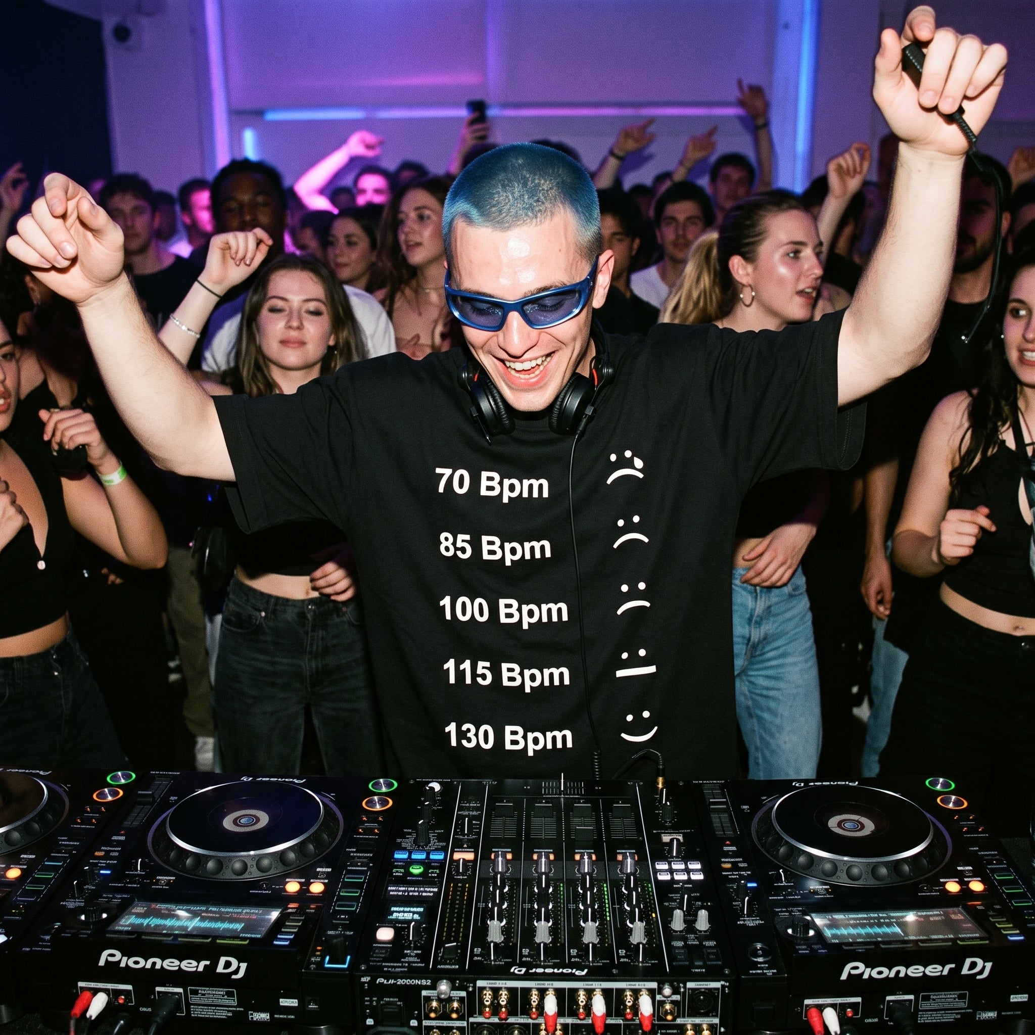 Male DJ wearing BPM Chart Oversized T-Shirt performing in packed club hands raised