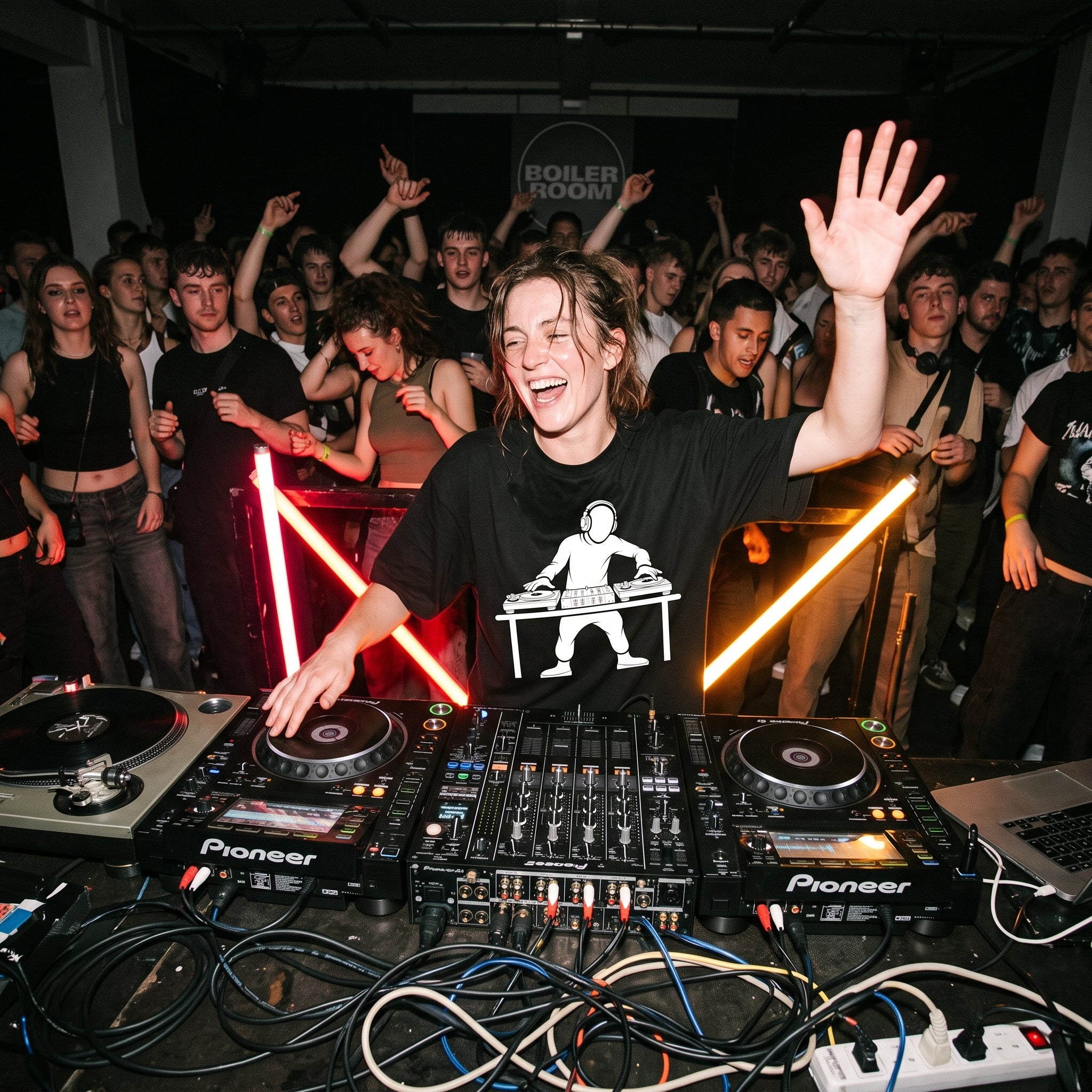 Female DJ wearing DJ Turntable Graphic Oversized T-Shirt performing in club hand raised crowd