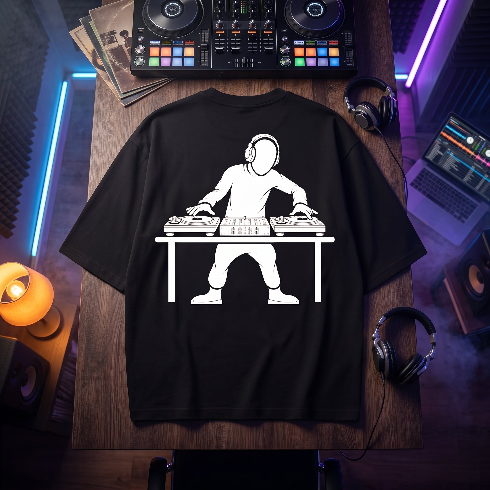 DJ Turntable Graphic Oversized T-Shirt flat lay on DJ studio table with headphones