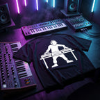 DJ Turntable Graphic Black Oversized T-Shirt flat lay on music studio desk with synth neon lights