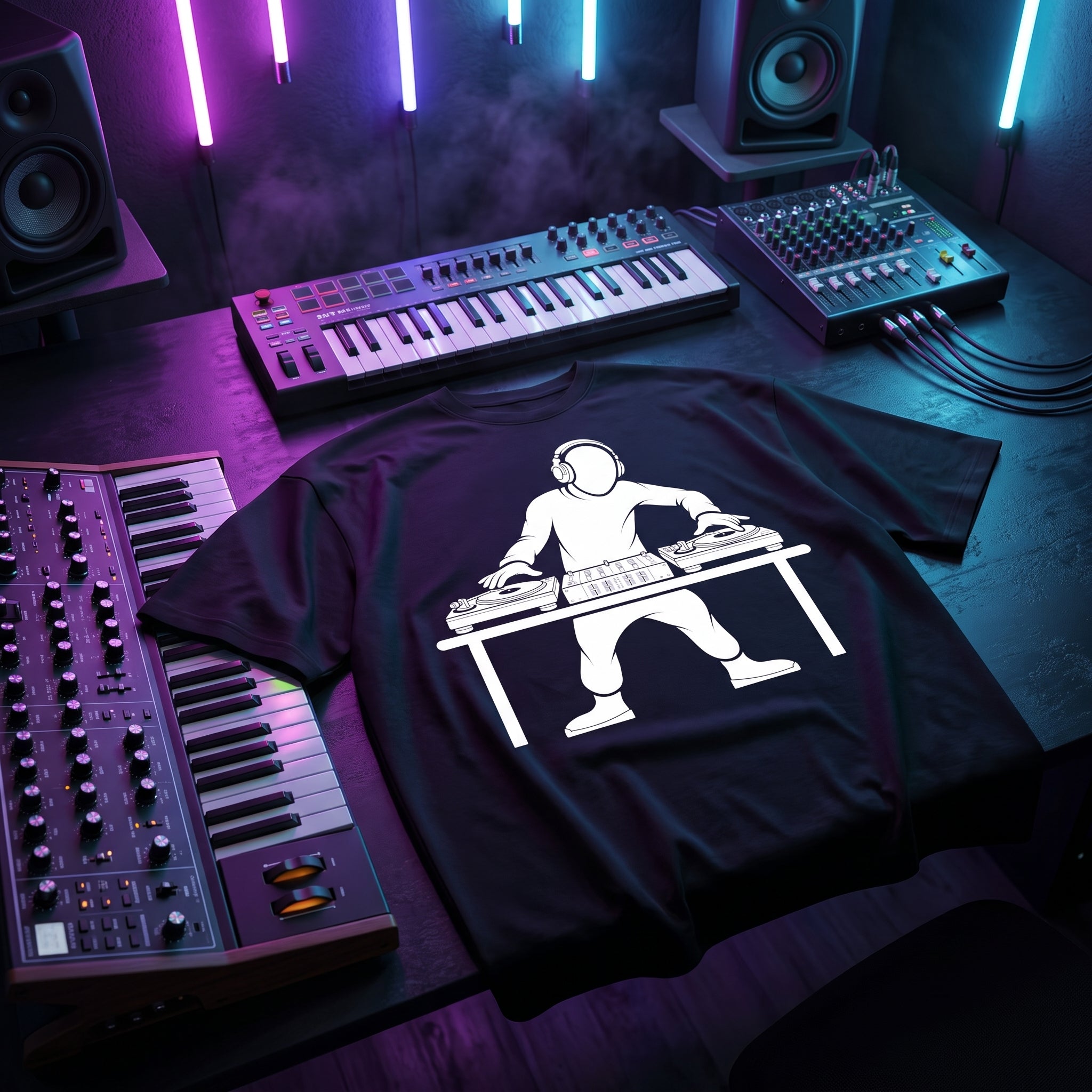 DJ Turntable Graphic Black Oversized T-Shirt flat lay on music studio desk with synth neon lights