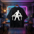 Vinyl turntable graphic printed on a heavyweight oversized black DJ tee.