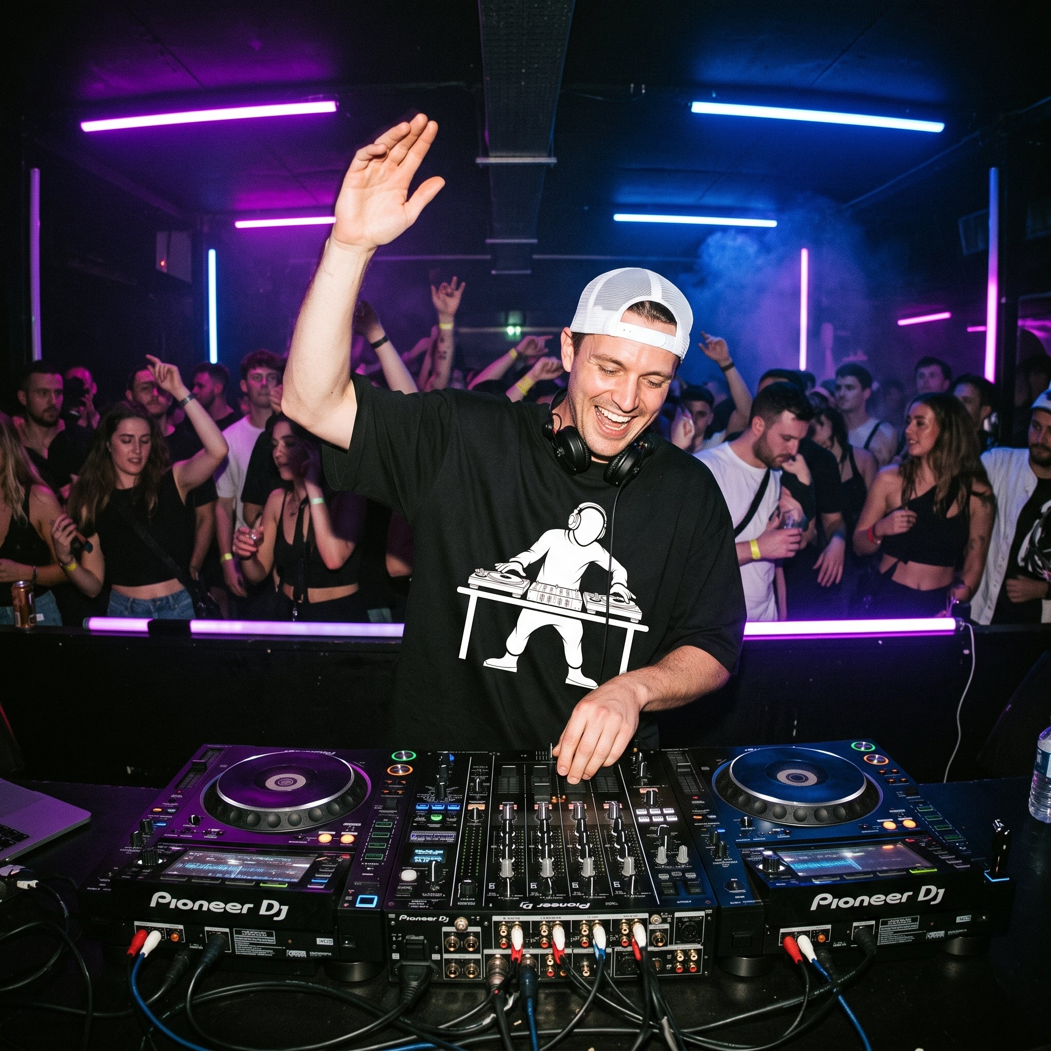 DJ wearing DJ Turntable Graphic Oversized T-Shirt performing in club hand raised white cap