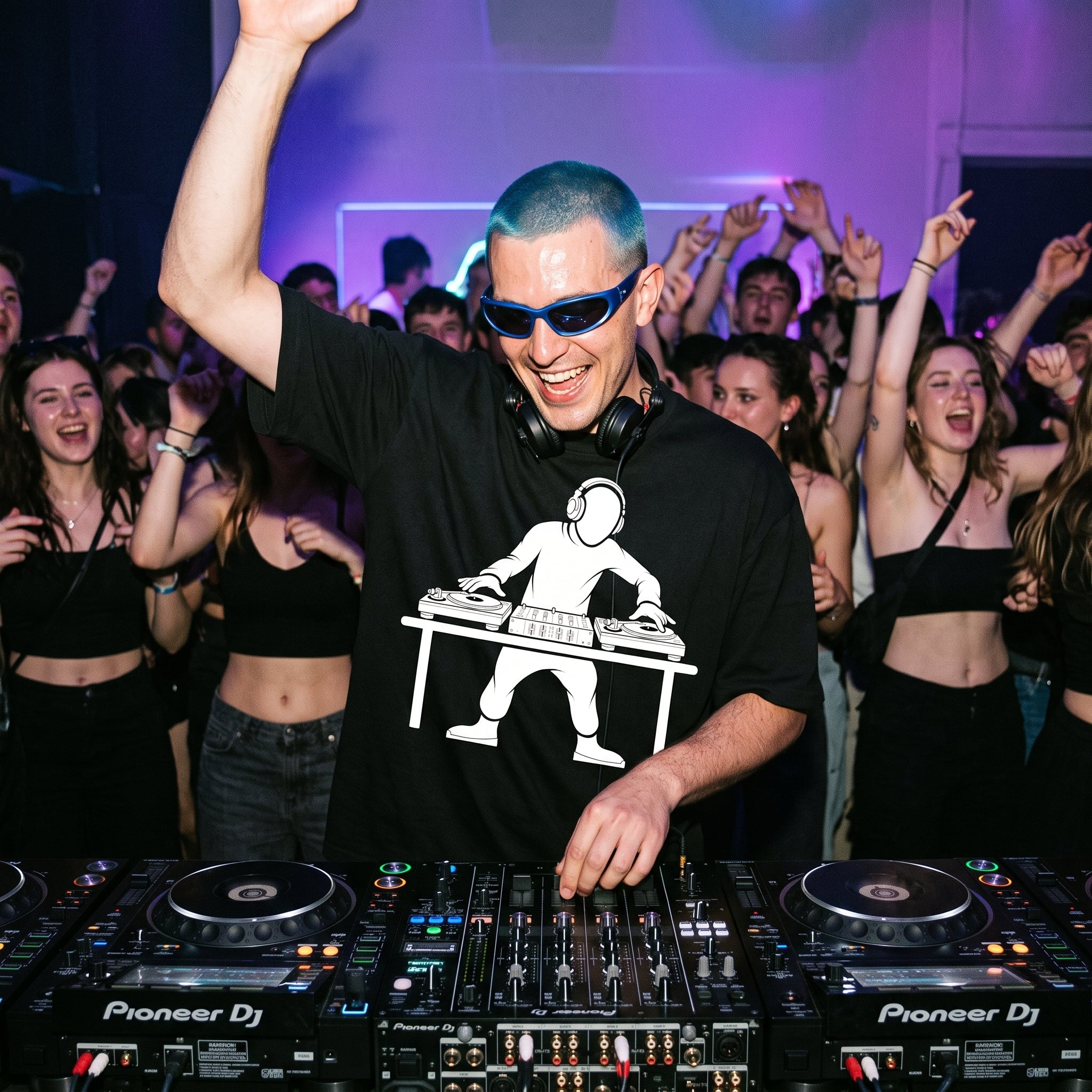 Male DJ in DJ Turntable Graphic Black Oversized T-Shirt packed club blue hair sunglasses crowd