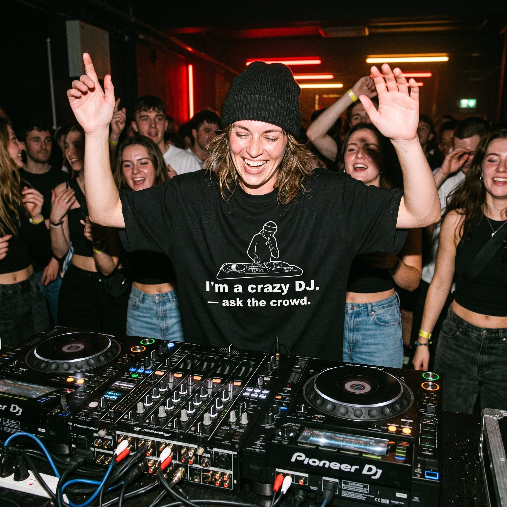 Female DJ wearing I'm A Crazy DJ Quote Oversized T-Shirt performing in club hands raised