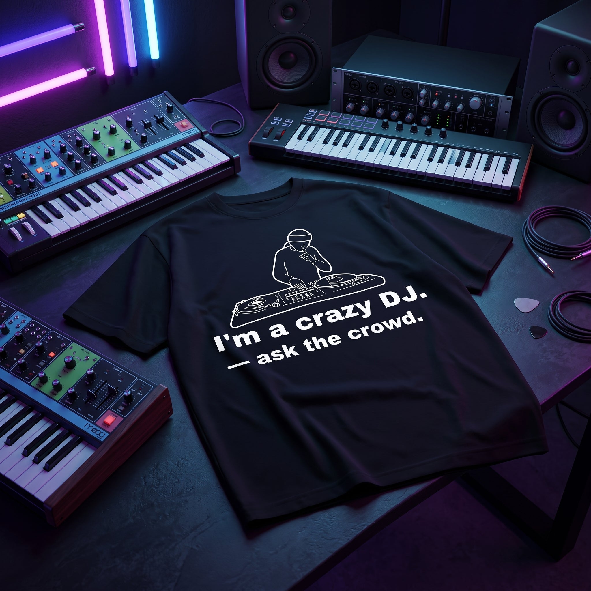I'm A Crazy DJ Quote Black Oversized T-Shirt flat lay on music studio desk with synth neon lights