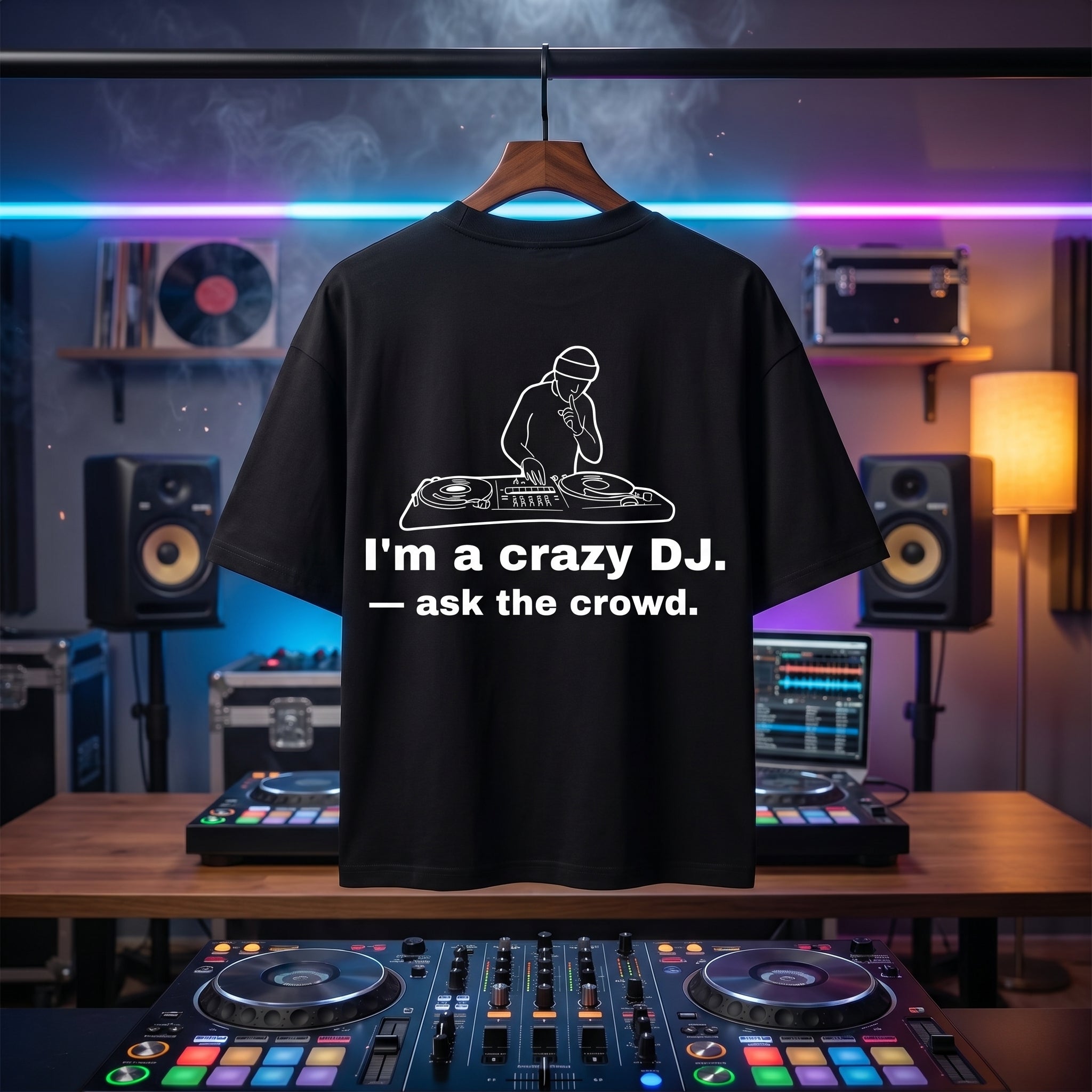 "I'm A Crazy DJ" bold quote print on a pitch-black oversized festival tee.