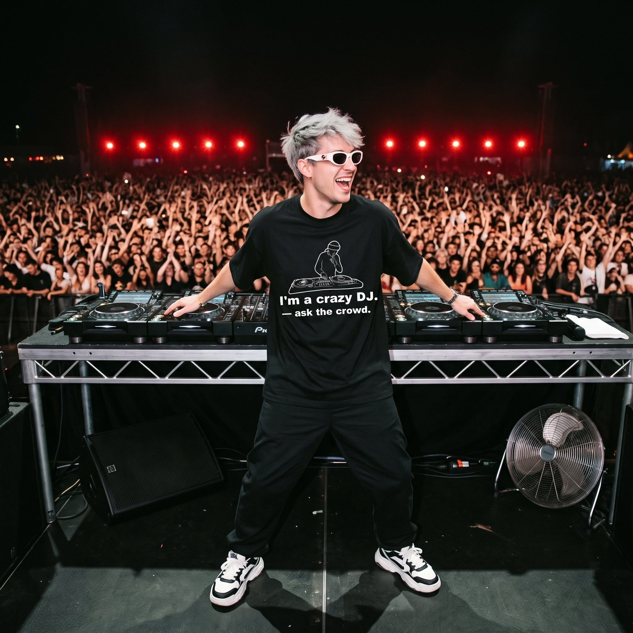 DJ in I'm A Crazy DJ Quote Black Oversized T-Shirt on festival stage massive crowd
