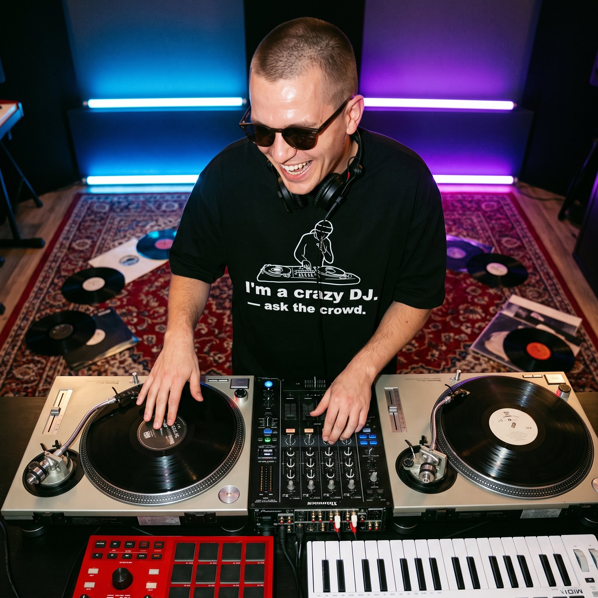 DJ wearing I'm A Crazy DJ Quote Oversized T-Shirt live studio session turntables top angle
