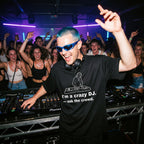 DJ in I'm A Crazy DJ Quote Black Oversized T-Shirt packed club blue hair sunglasses crowd