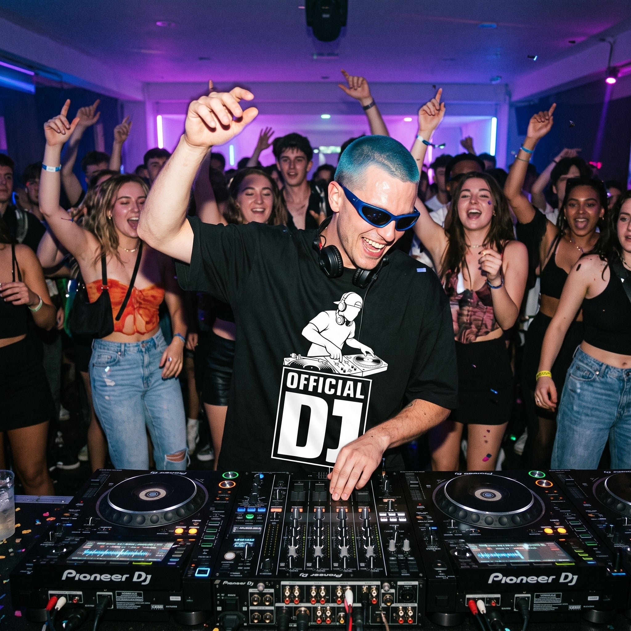 Official DJ Oversized T-Shirt worn by DJ with blue hair and sunglasses performing energetic set for cheering crowd