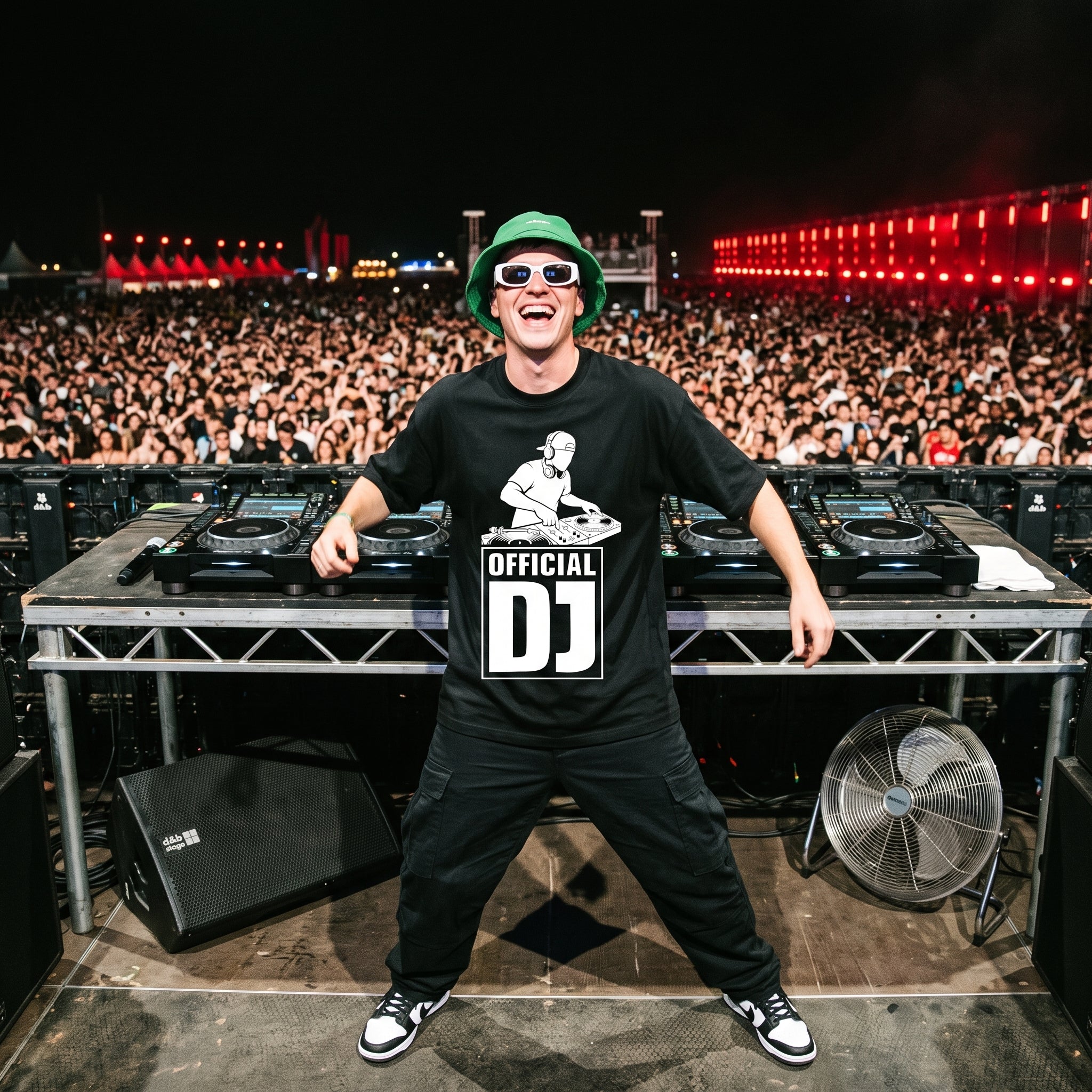 Official DJ Oversized T-Shirt worn by DJ performing on stage in front of massive festival crowd