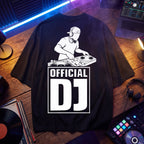 Black Official DJ Oversized T-Shirt flat-lay with vinyl turntable graphic print, displayed with vinyl records and DJ gear