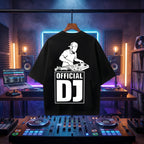 Minimal "Official DJ" print on an everyday oversized black t-shirt.
