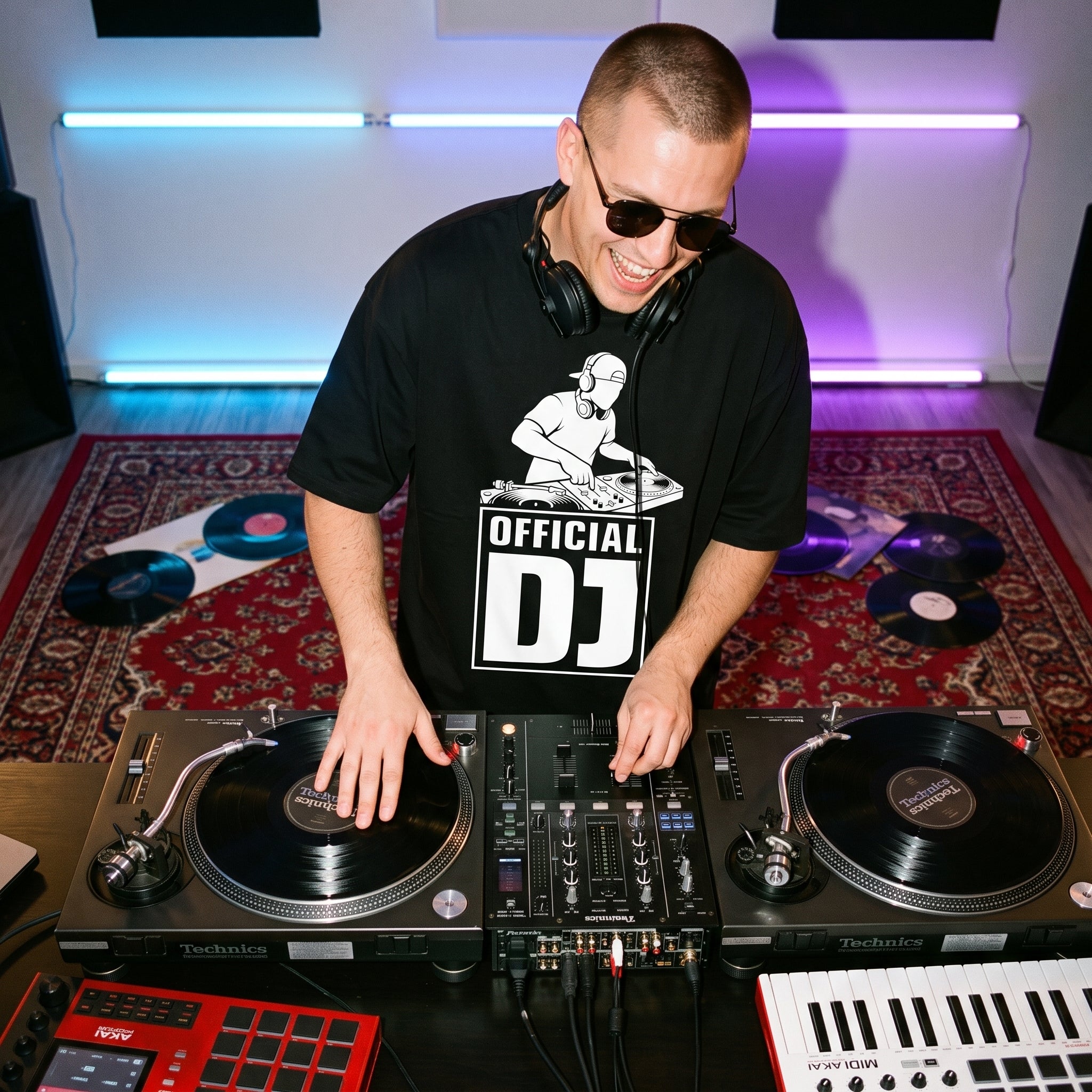 Official DJ Oversized T-Shirt worn by DJ during live mixing session on Technics turntables in home studio