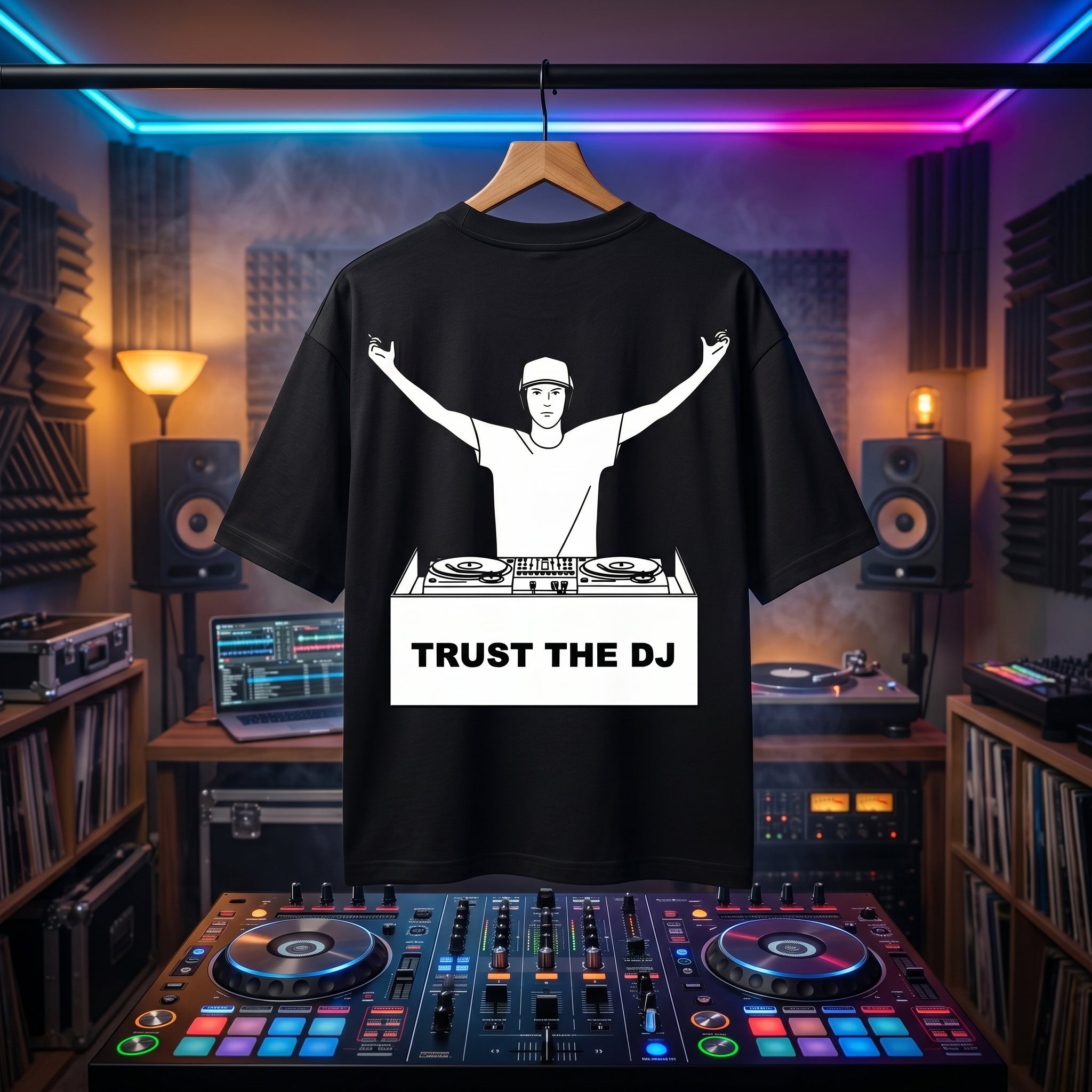 "Trust The DJ" dance-floor quote graphic on an oversized black club tee.